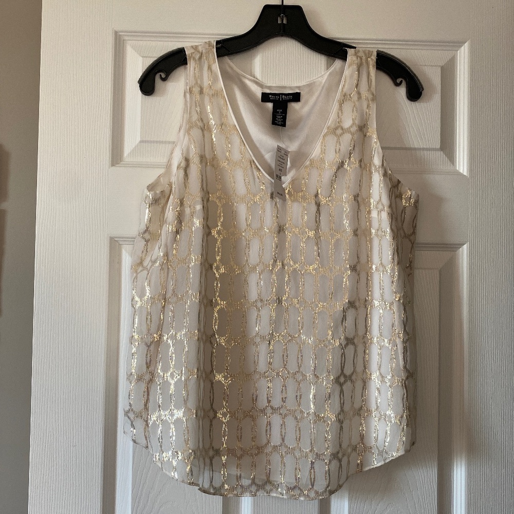 NWT BEAUTIFUL WHITE HOUSE BLACK SMALL SILK TANK  WHITE WITH SILVER